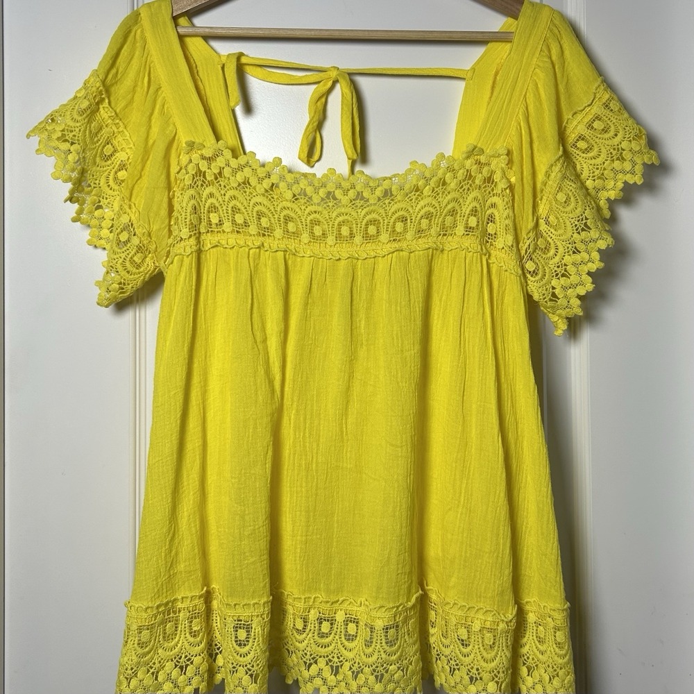 Grace + Karma Cotton Yellow Crochet Lace Pom-Pom Babydoll Flutter Sleeve Top